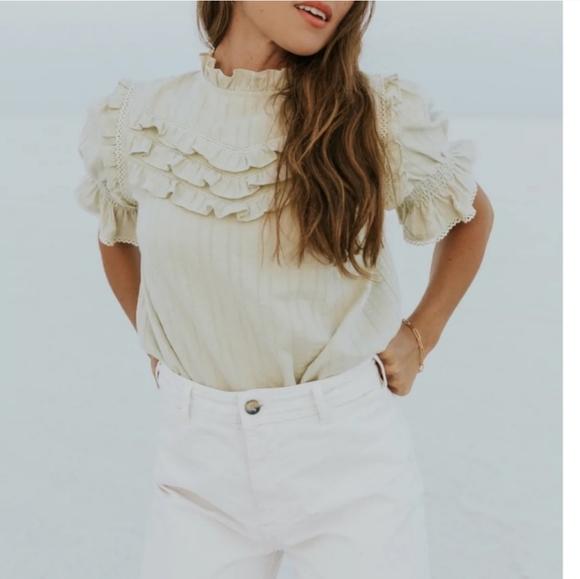 Salt By ROOLEE Pistachio Ruffle Puff Sleeve Feminine Modest Top - Picture 2 of 14